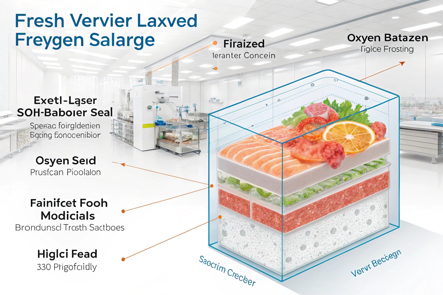 3D diagram of vacuum packaging layers for seafood, shown in cleanroom facility background.