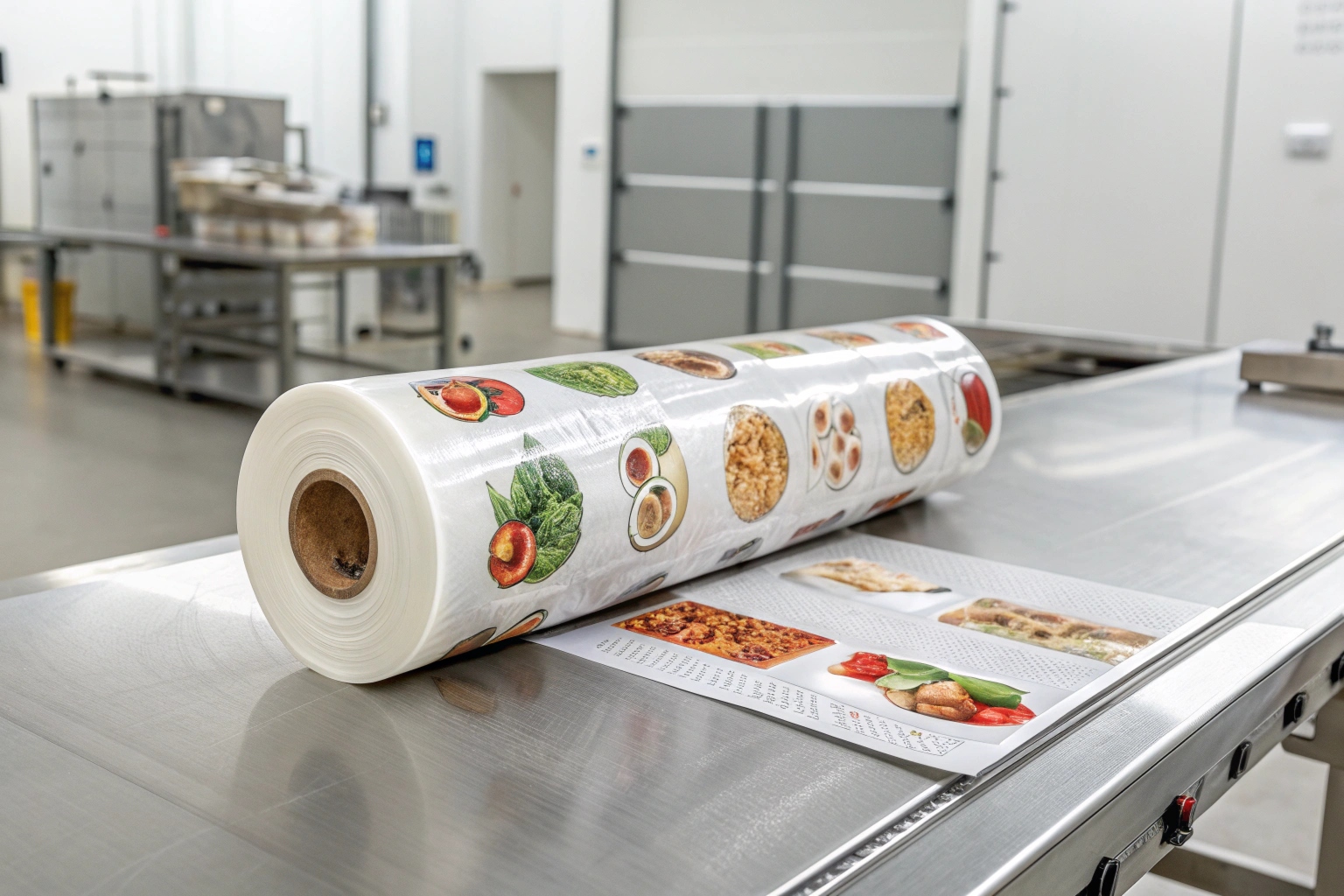 Printed laminated roll with colorful food images on a stainless steel packaging table in a clean factory.