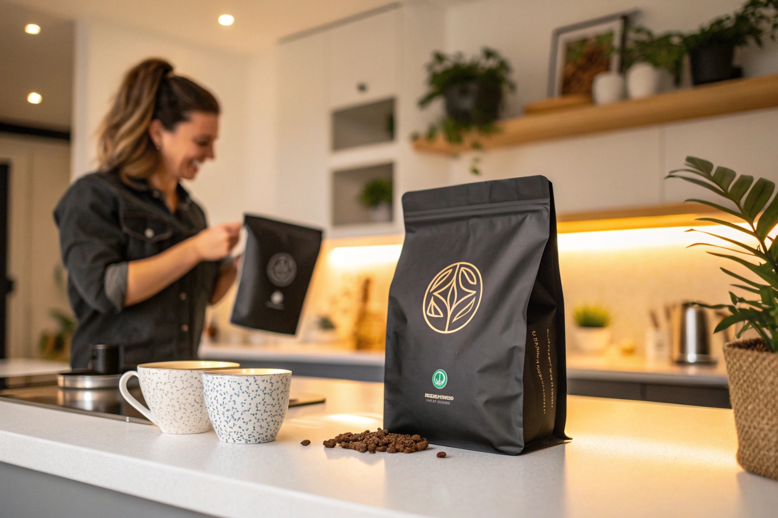 Black coffee pouch with golden logo on kitchen counter, with coffee beans, mugs, and smiling woman in background.