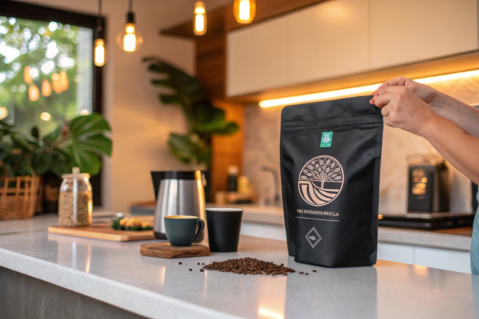 Large black coffee pouch with tree logo on modern kitchen counter, surrounded by cups, coffee beans, and brewing equipment.