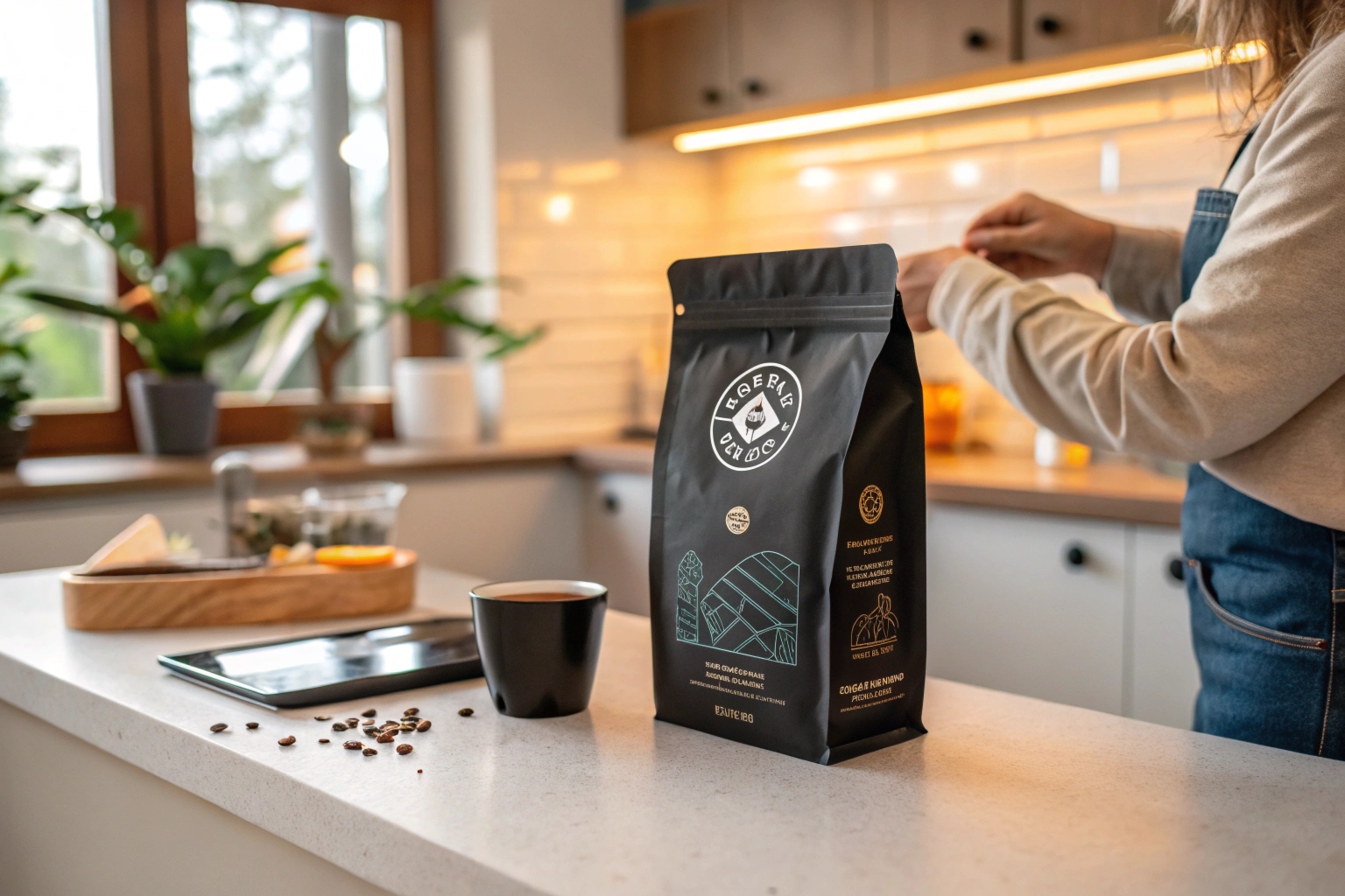 Black matte coffee packaging pouch with modern design placed on kitchen counter next to cup, beans, and a tablet.