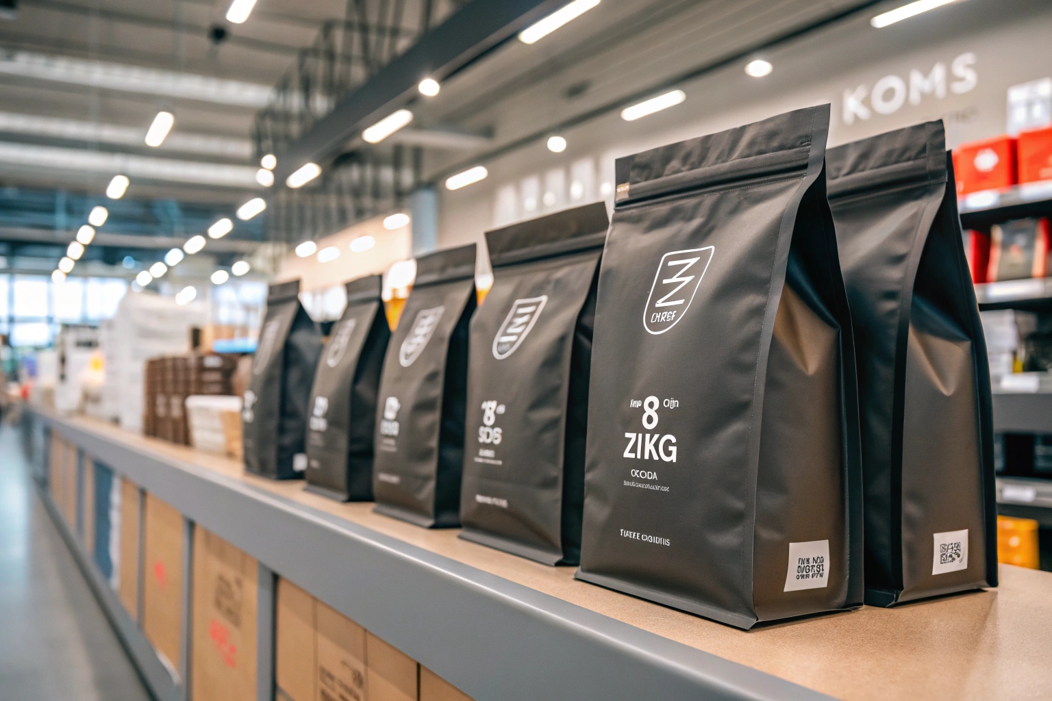 Black coffee packaging pouches neatly lined on retail shelf in modern store.