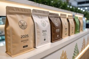 Multiple eco-style coffee packaging pouches lined up on display shelf.