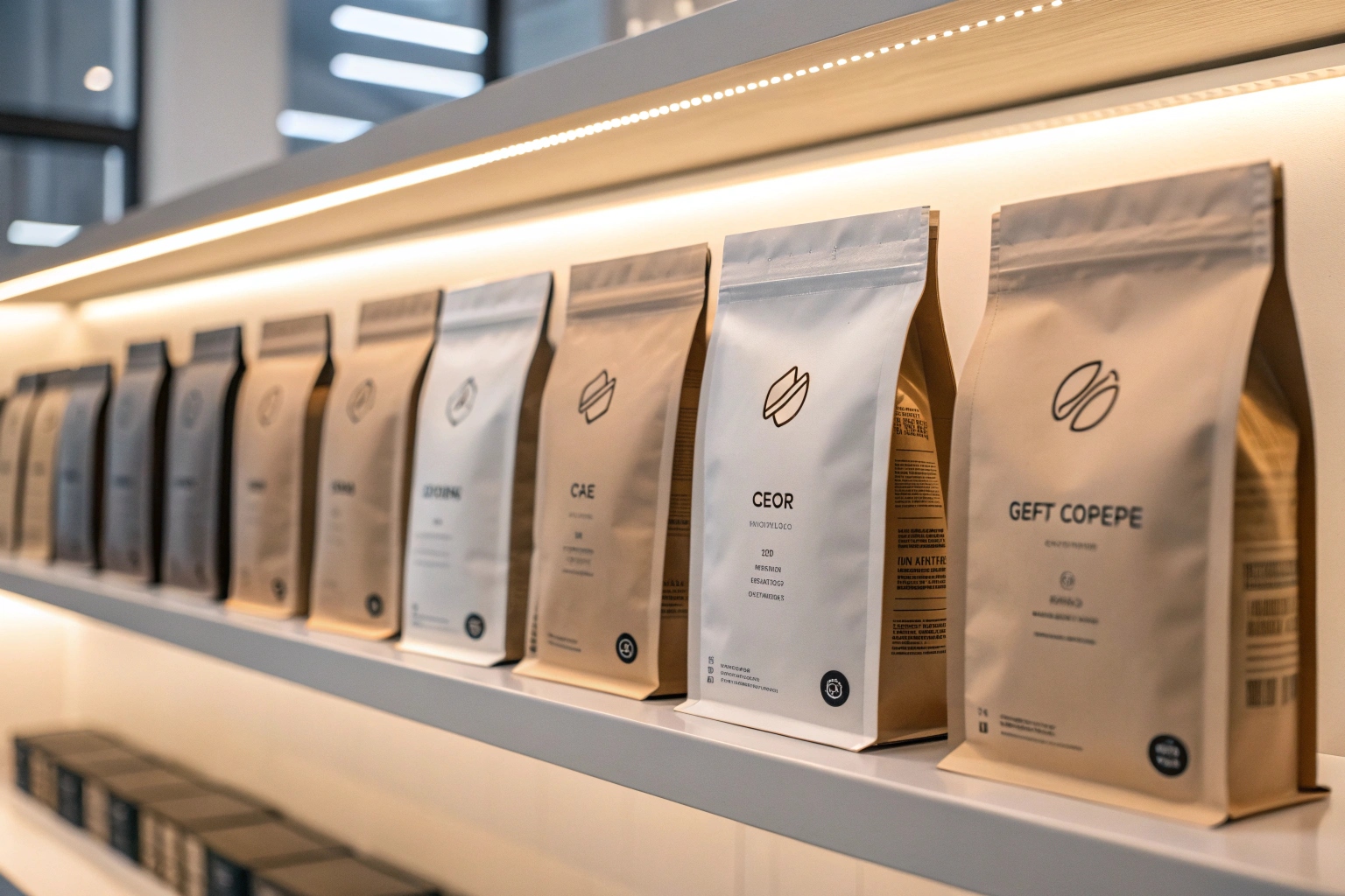 Eco-friendly coffee bags with paper and compostable PE materials and coffee beans.