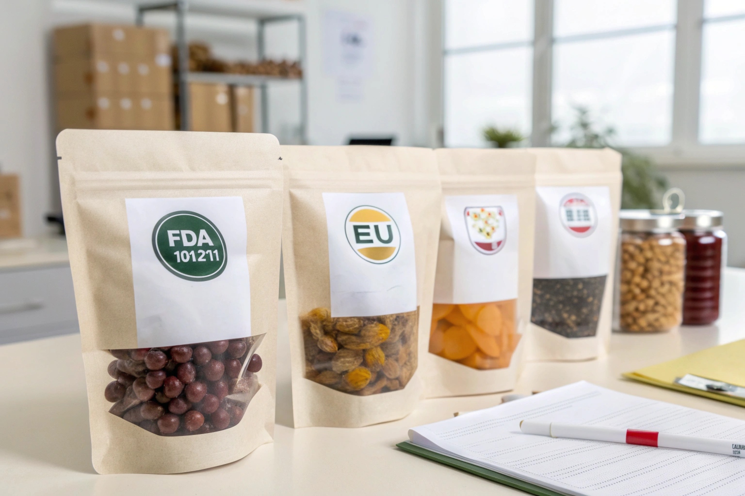 Kraft paper stand-up pouches with clear windows and certification labels like FDA and EU, displayed on an office desk with documents.