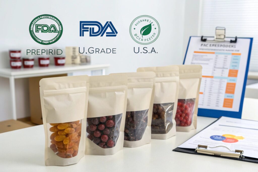 Five kraft stand-up pouches with clear windows filled with dried fruits, displayed in a clean office setting with certification logos above.