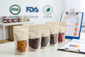 Five kraft stand-up pouches with clear windows filled with dried fruits, displayed in a clean office setting with certification logos above.
