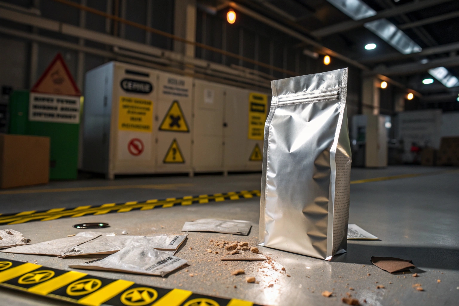 Shiny coffee pouch standing upright in industrial facility with warning signs and debris on the floor.