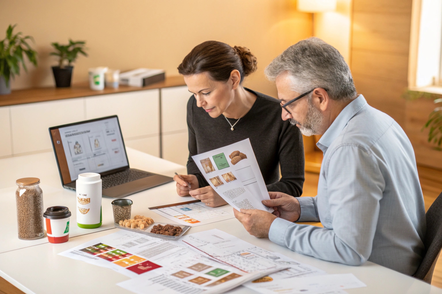 Two professionals reviewing flexible packaging designs and print samples at a desk with snacks and coffee.