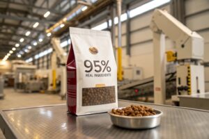 Premium pet food pouch with 95% real ingredients on packaging, placed in a modern factory setting.