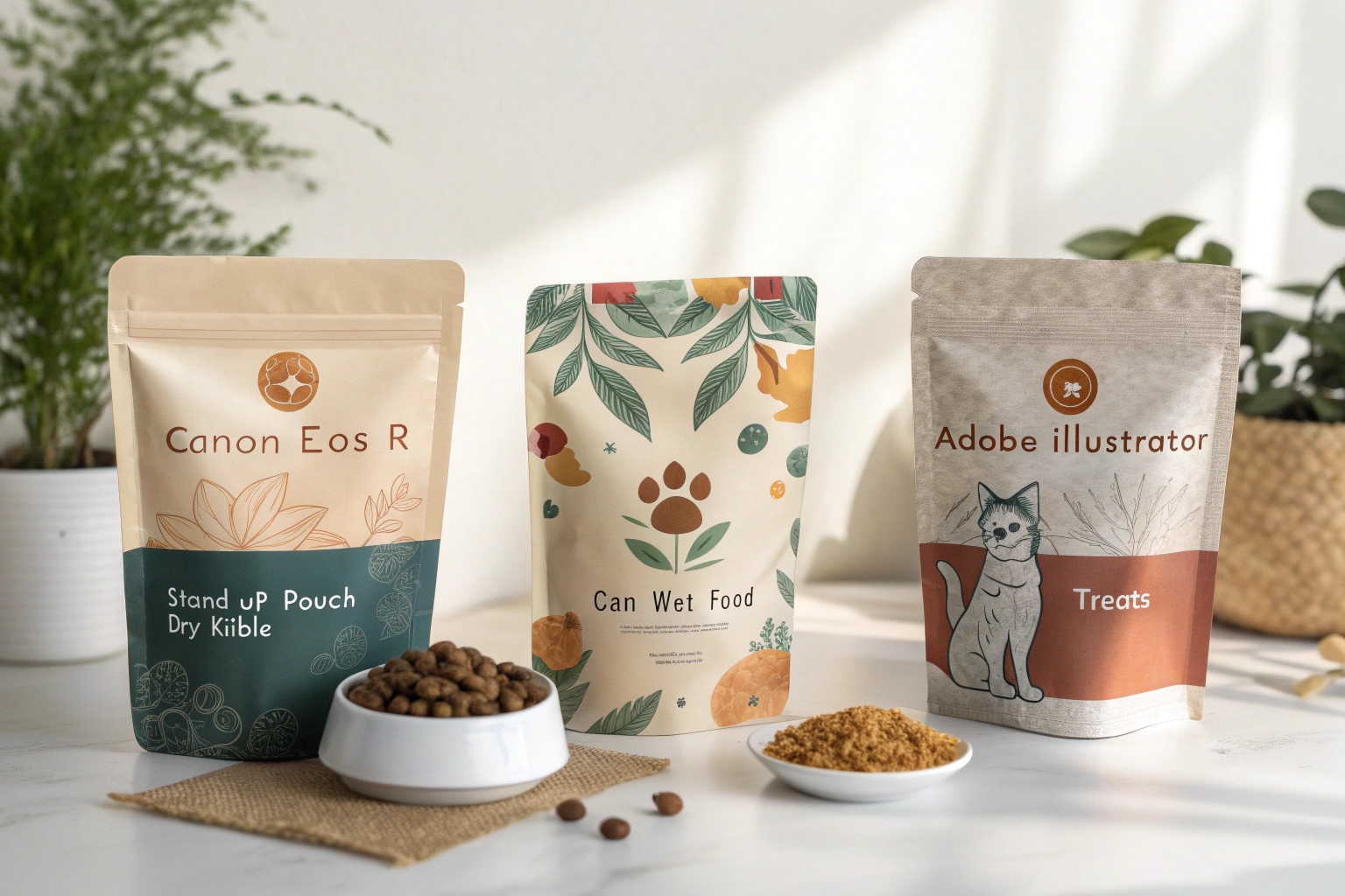 Three pet food pouches with playful designs labeled kibble, wet food, and treats, styled on a clean tabletop.