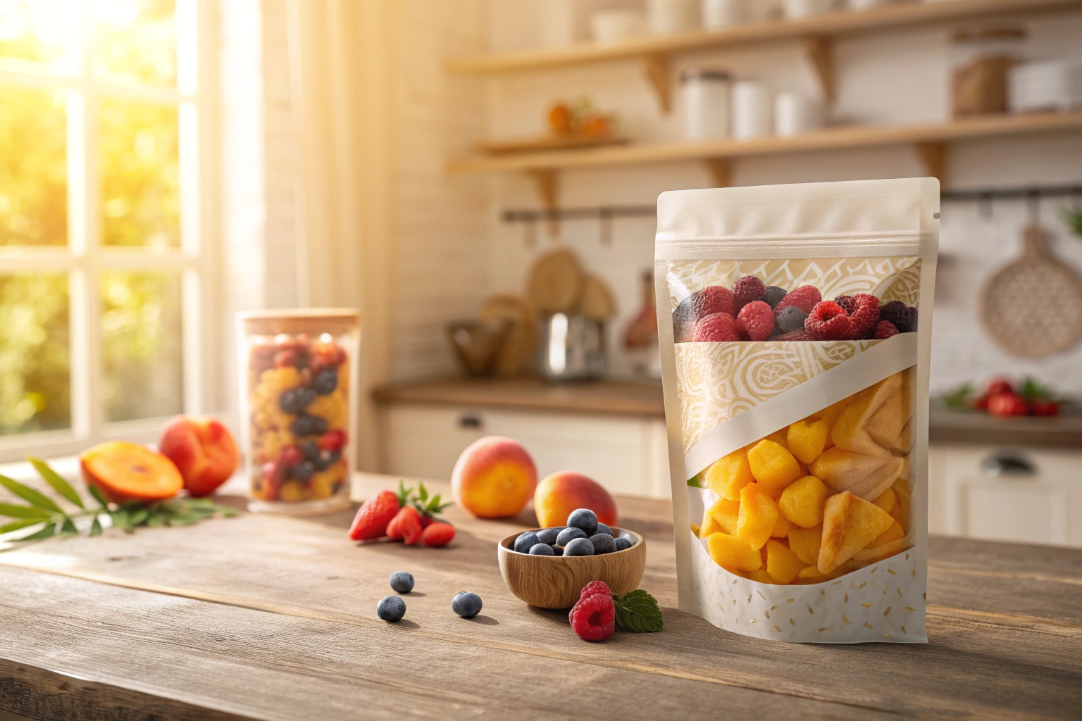 Premium stand-up pouch with patterned design, filled with frozen berries and mango chunks, placed on a rustic kitchen table.