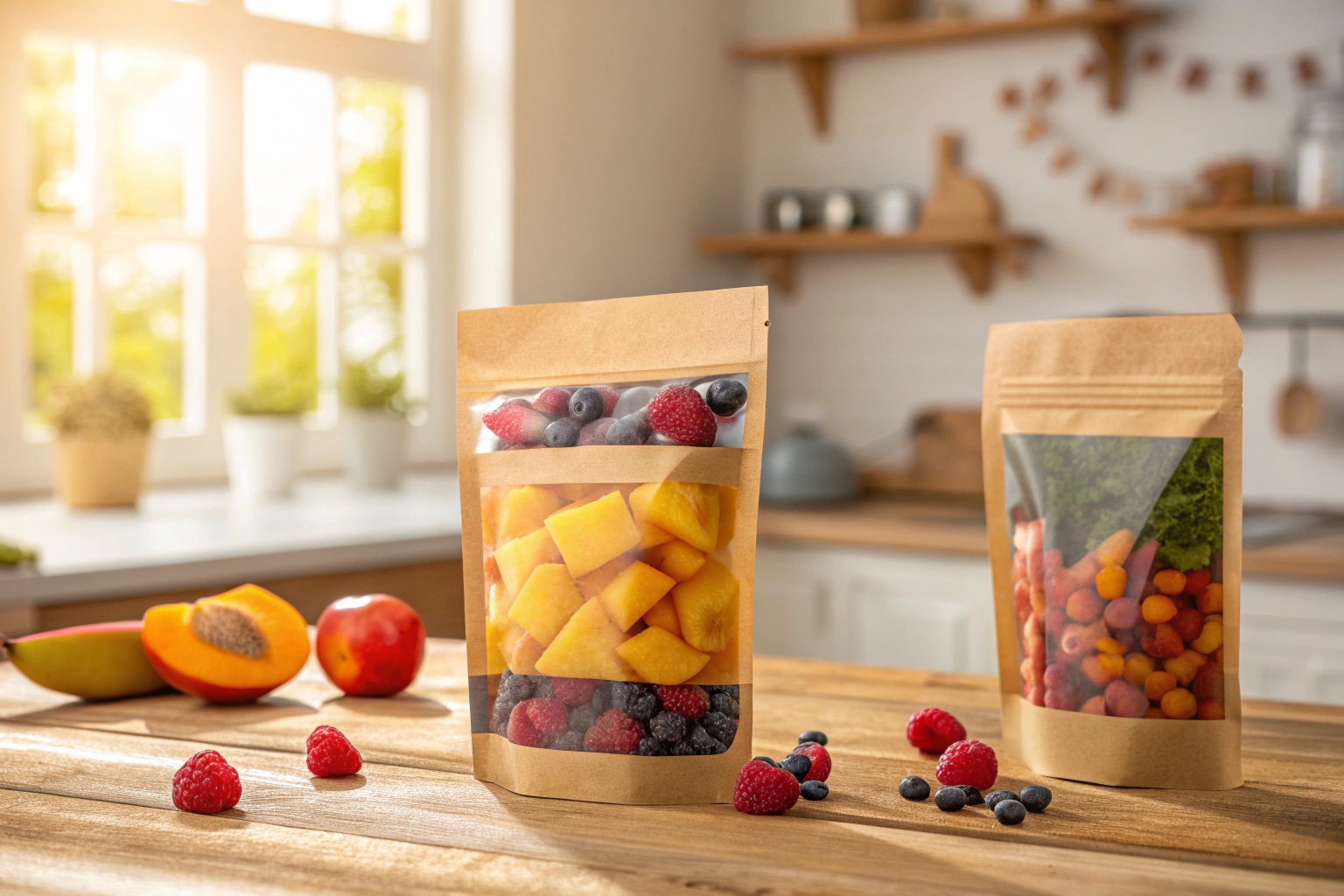 Kraft paper stand-up pouches with clear windows, filled with mixed frozen fruits and vegetables on a wooden kitchen counter.