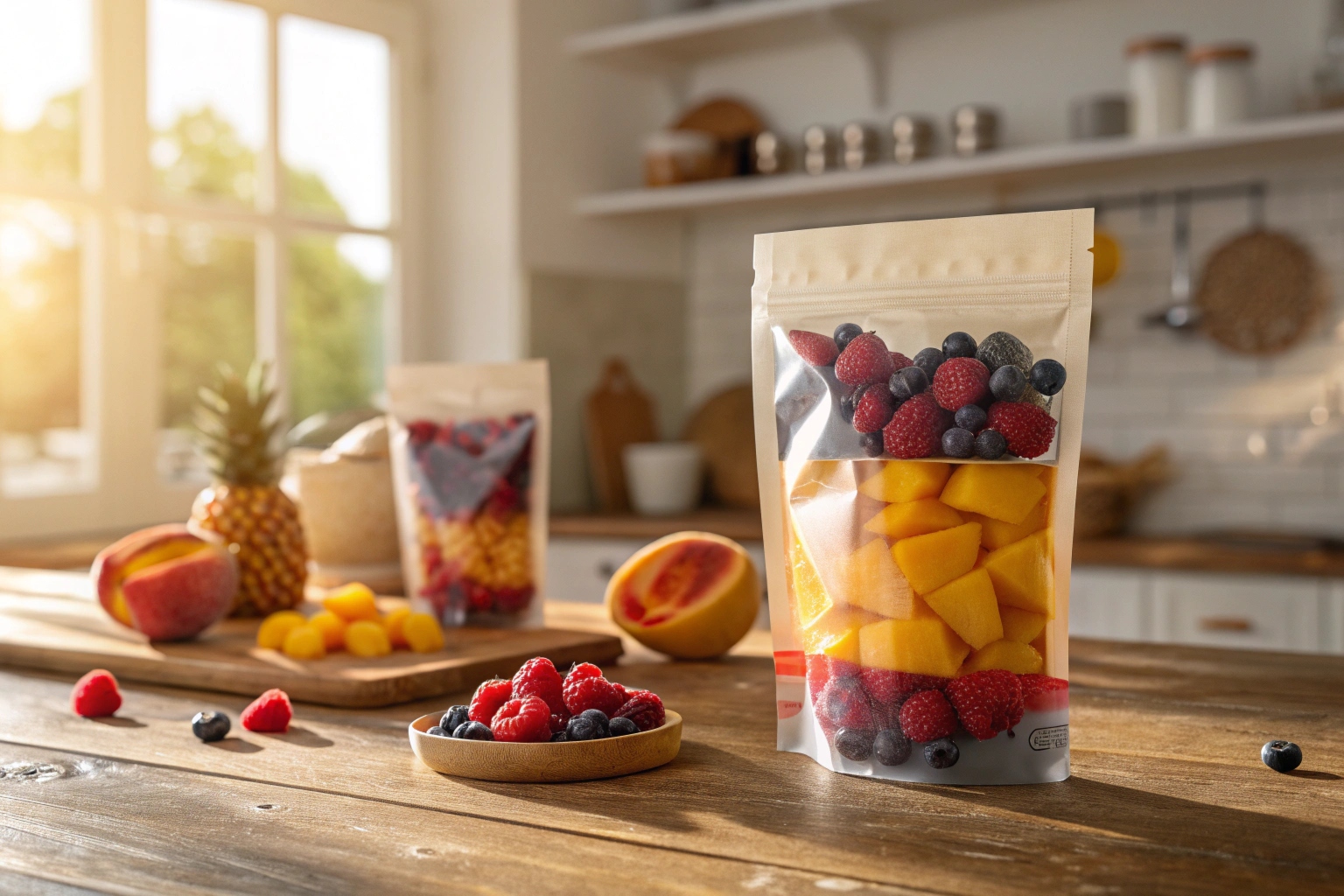 Stand-up zipper pouch filled with assorted frozen fruits like mango, raspberries, and blueberries on a wooden kitchen table in natural sunlight.