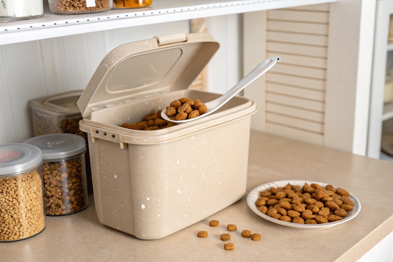 Large pet food storage container with scoop and plate of kibble on kitchen counter.