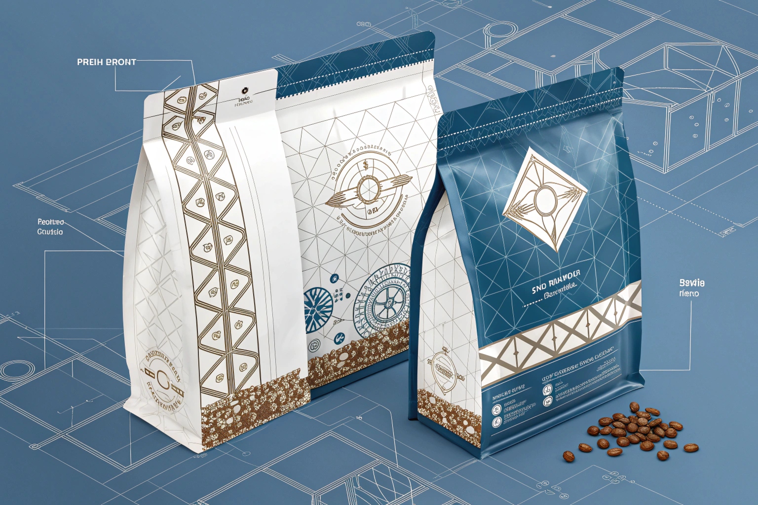 Modern printed coffee pouches on blueprint background with design labels.