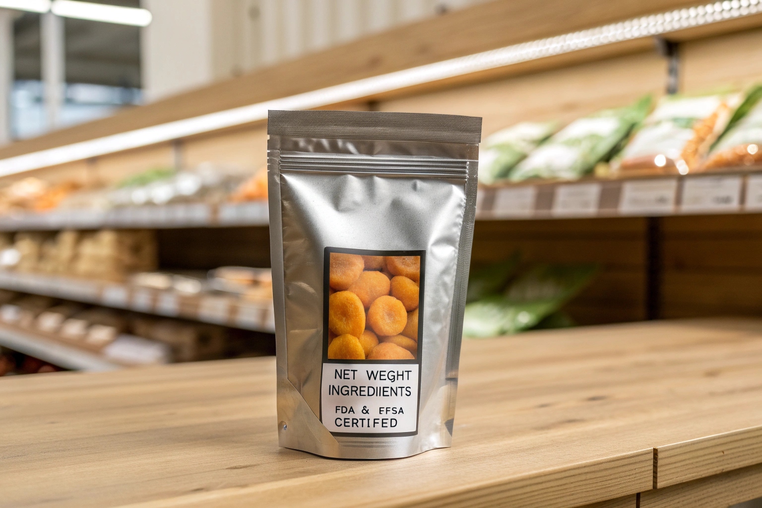 Silver stand-up pouch with clear window and label stating “Net Weight Ingredients, FDA & EFSA Certified,” displayed on a wooden shelf in a grocery store.