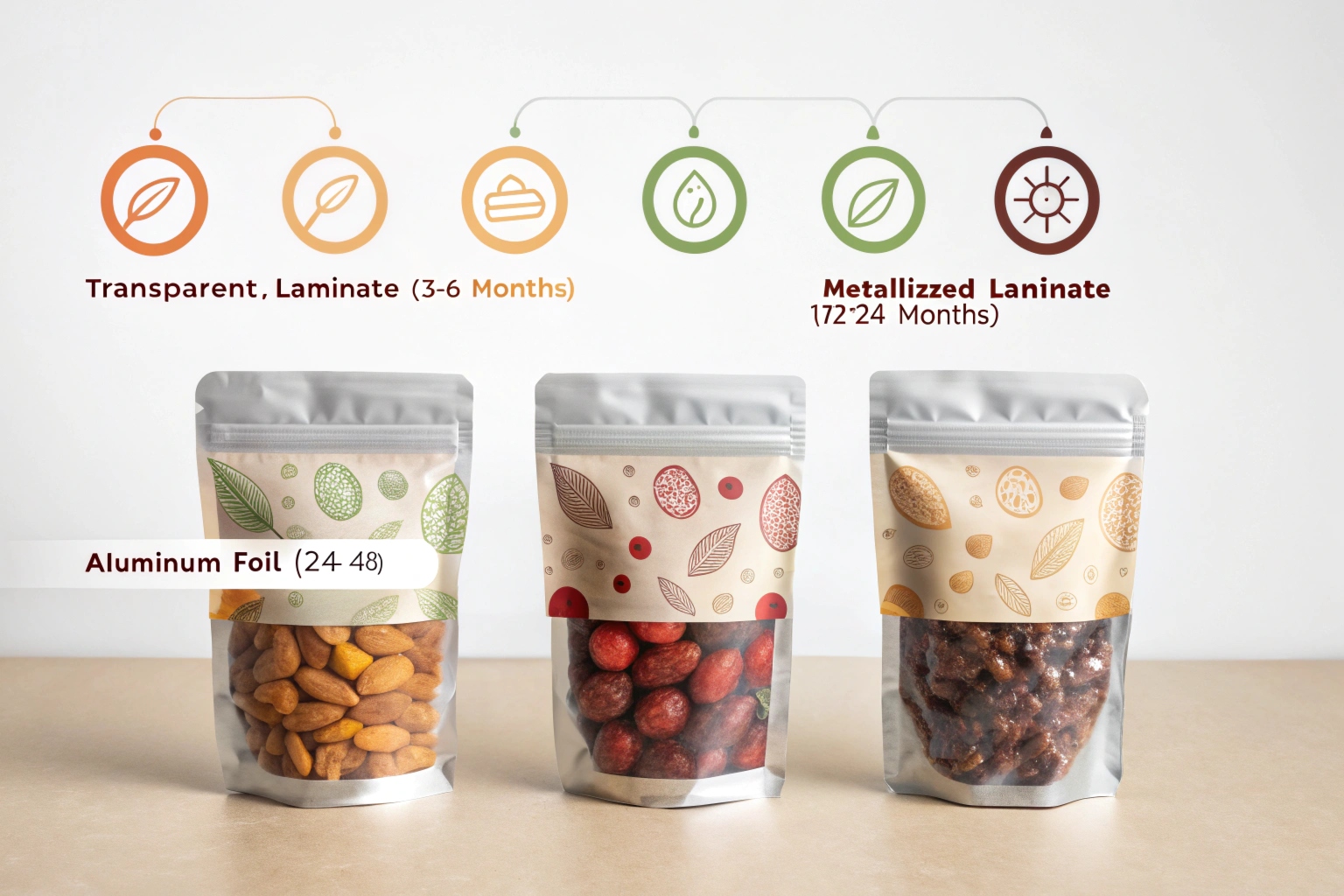 Three stand-up pouches with decorative designs, labeled with different materials—transparent laminate, metallized laminate, and aluminum foil—each showing corresponding shelf life durations.