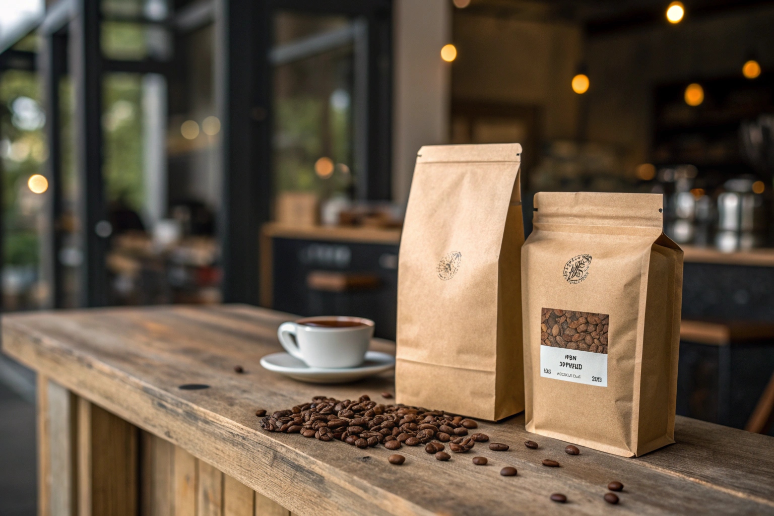 Kraft paper coffee bags with beans and cup on wooden table in cozy café.