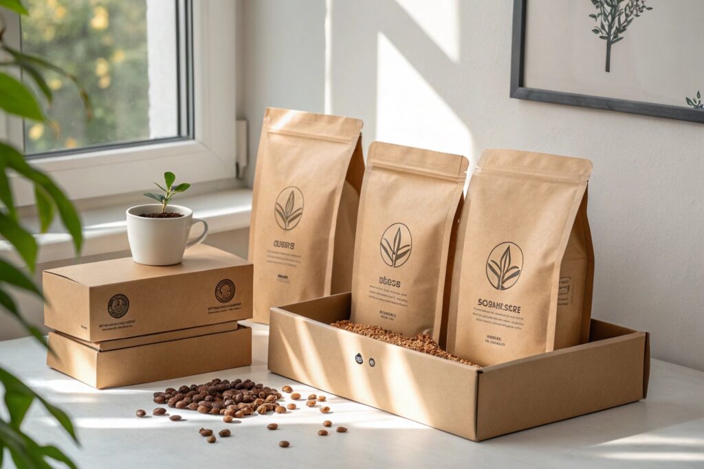 Kraft paper coffee packaging bags and boxes with minimalist design, displayed with coffee beans and a plant near a sunlit window.
