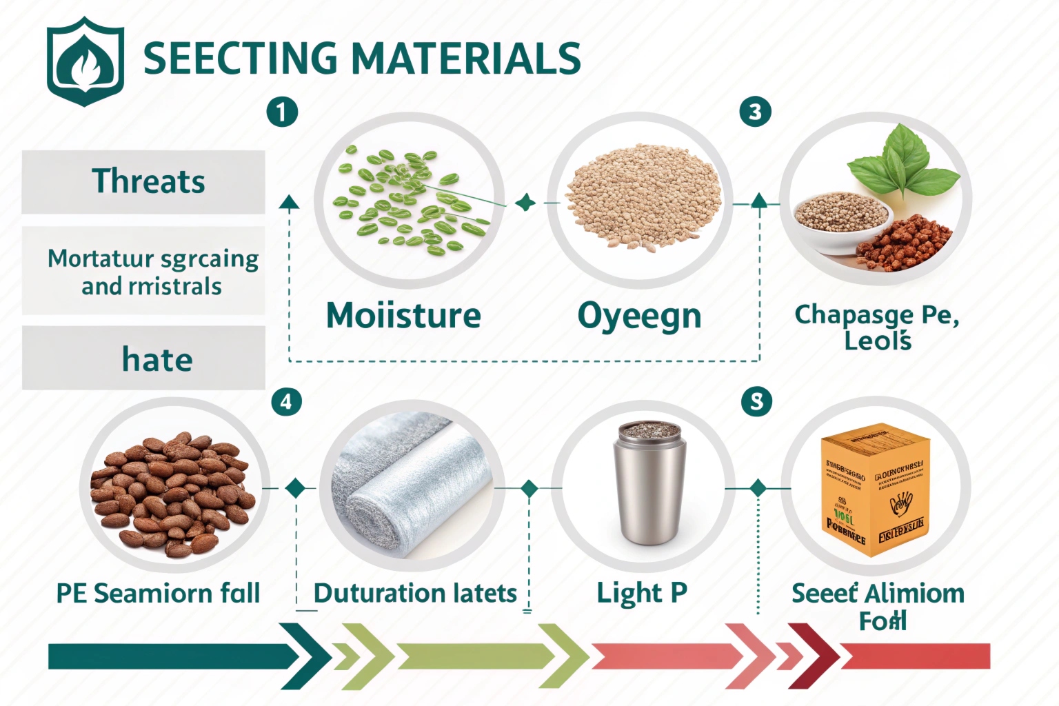 Infographic illustrating seed packaging material types, barrier functions, and protection levels against moisture, oxygen, and light.