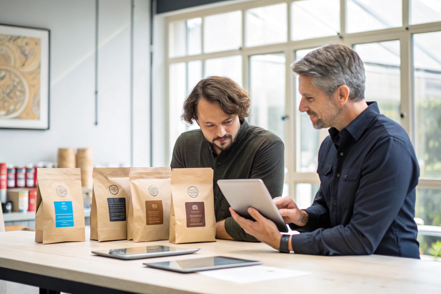 Two men discussing product options using a tablet, with multiple kraft coffee bags displayed on a table in a bright office setting.