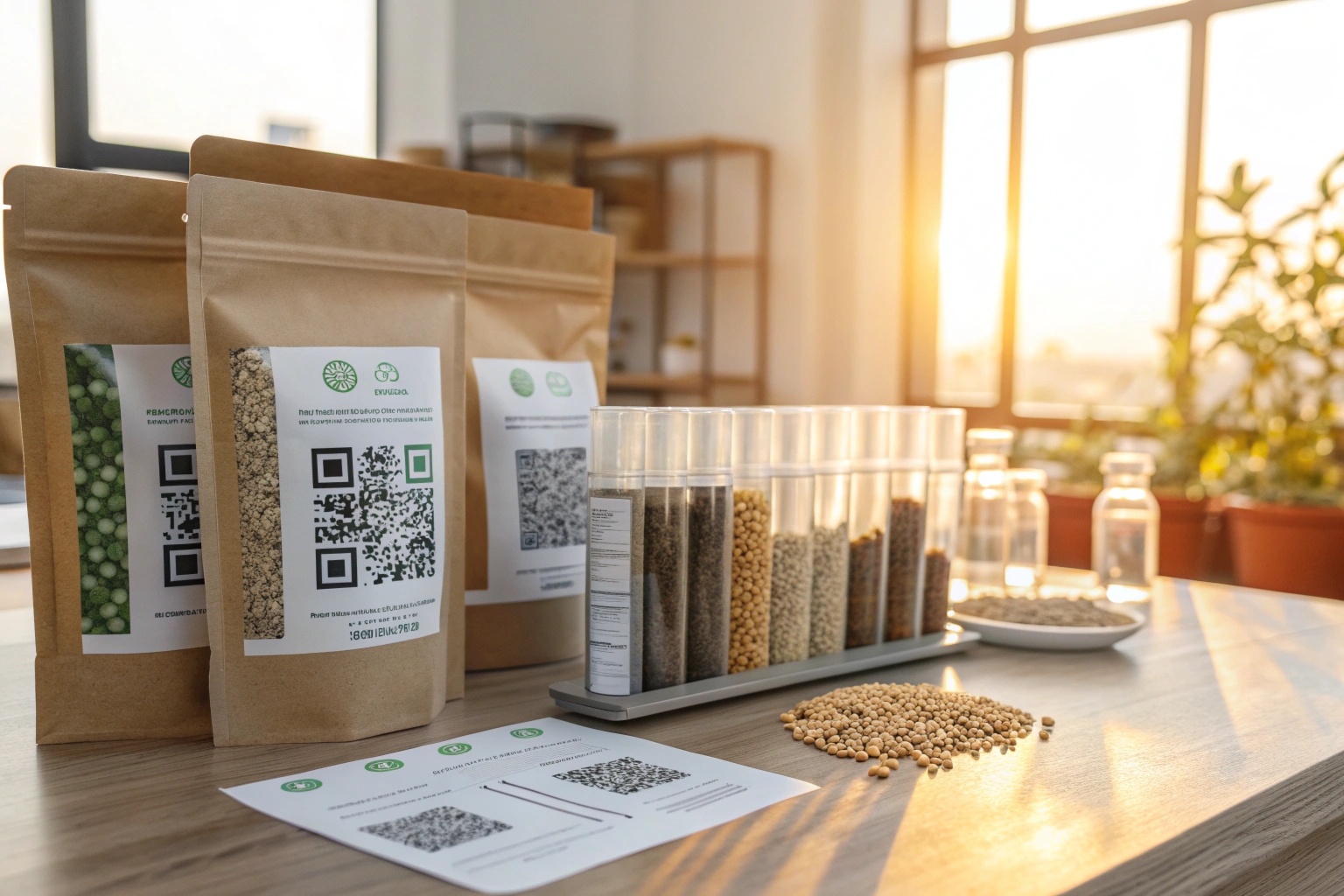 Kraft paper stand-up pouches with QR code labels and seed samples on a wooden table in sunlight.
