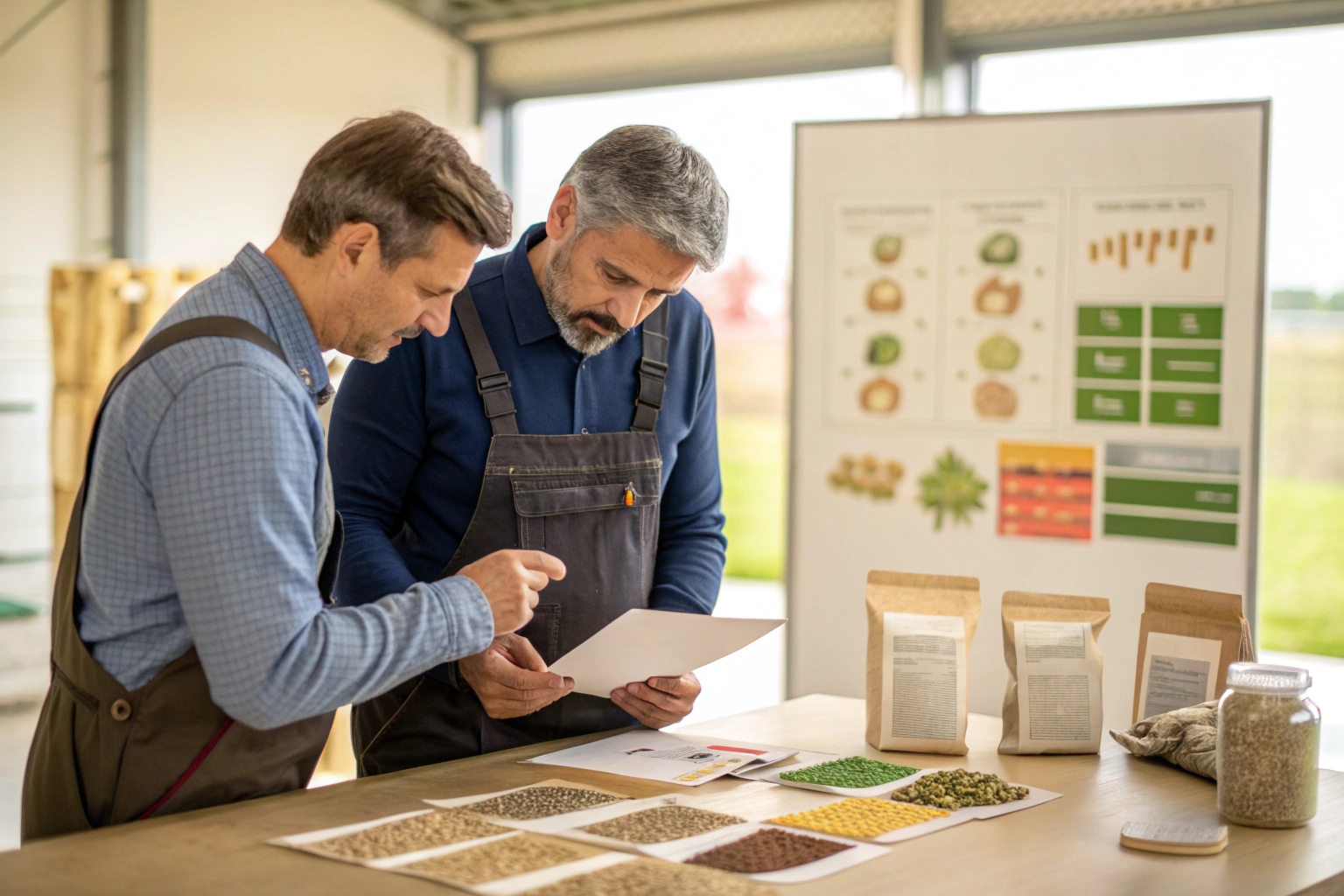 Two men reviewing seed packaging and product samples on a table with labeled pouches and charts in the background.