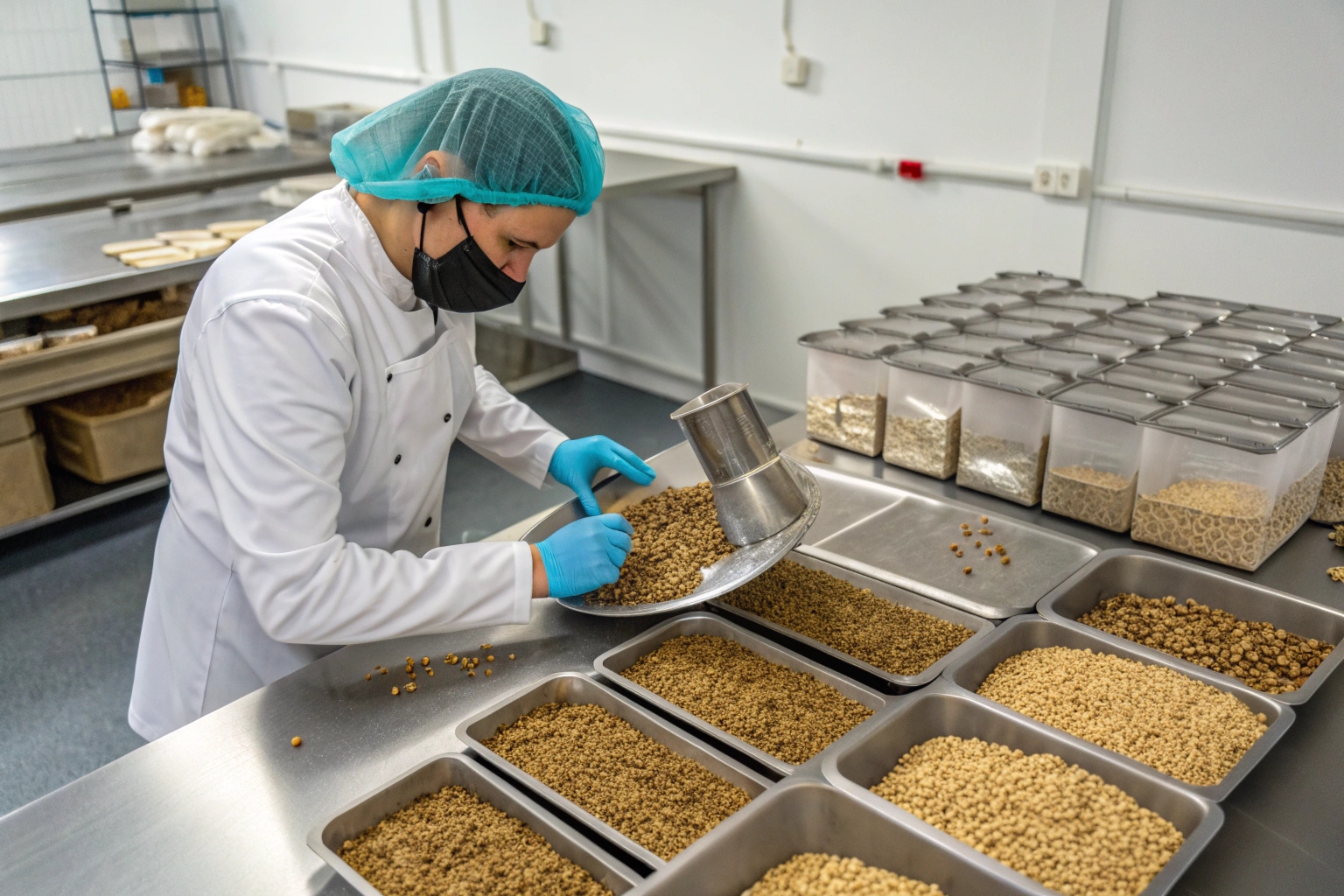 Worker in protective gear sorting and inspecting dry food ingredients in a clean food processing facility.