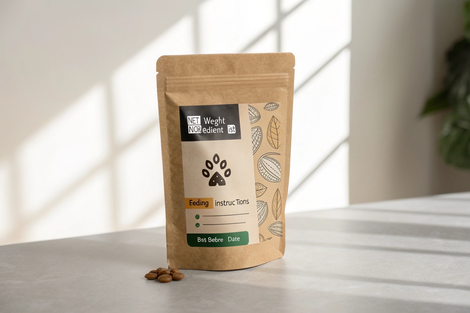 Kraft paper pouch with pet paw design, natural style printing and handwritten-style label on front.