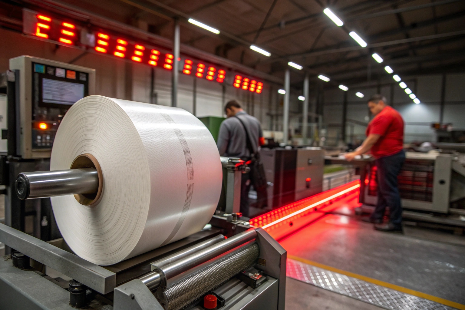 Large white roll of packaging film on a production machine with workers in a factory setting.