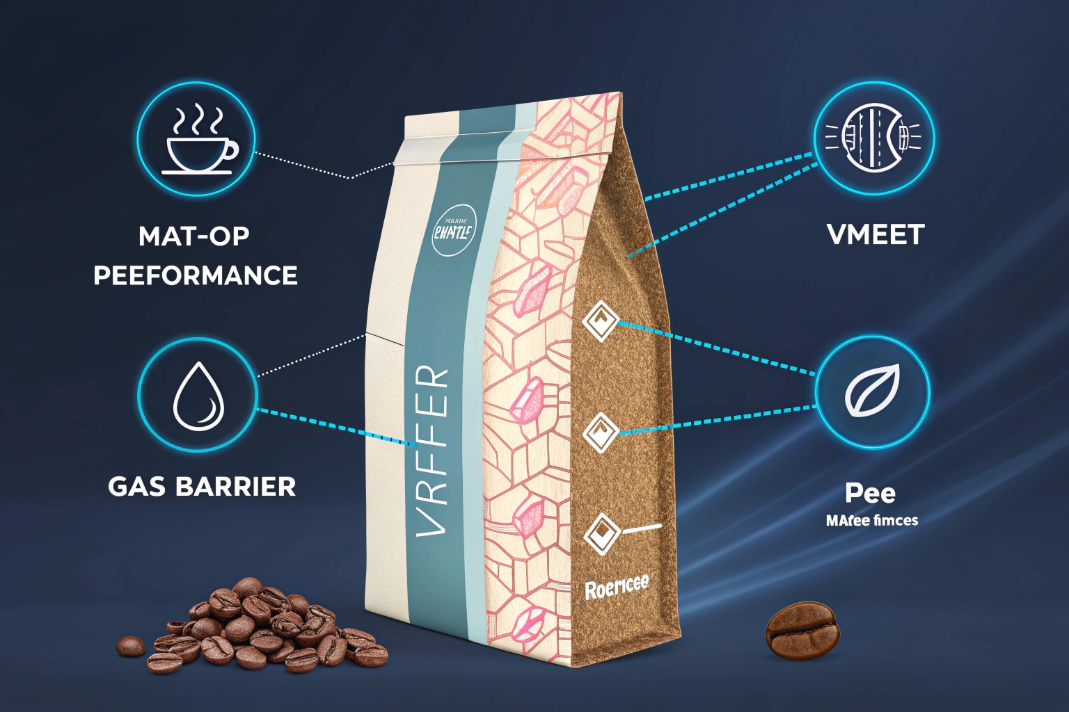 Coffee pouch with labeled features like gas barrier, matte finish, and eco materials.