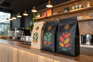 Three colorful custom coffee bags on a café counter with espresso machines in background.
