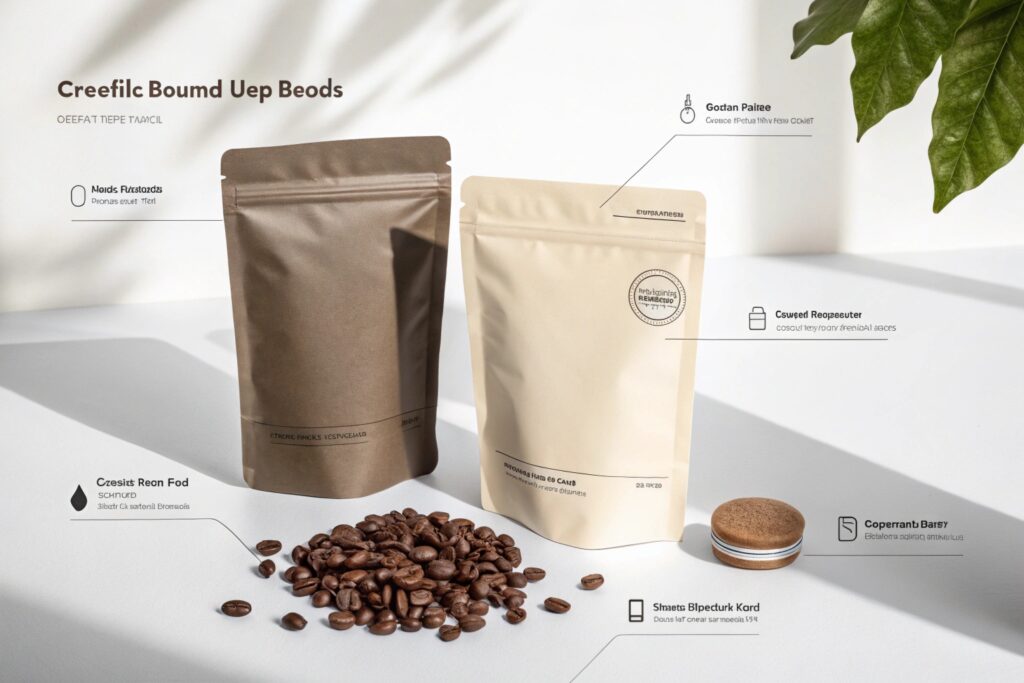 Minimalist coffee packaging bags with coffee beans on white table under sunlight.