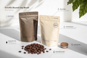 Minimalist coffee packaging bags with coffee beans on white table under sunlight.
