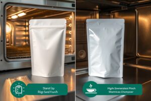Two stand-up pouches in ovens side-by-side, showing heat-resistant packaging comparison for food or beverage applications.