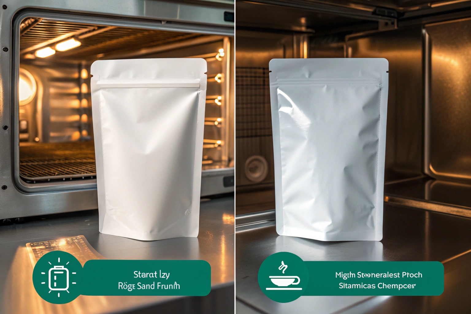 Two stand-up pouches in ovens side-by-side, showing heat-resistant packaging comparison for food or beverage applications.