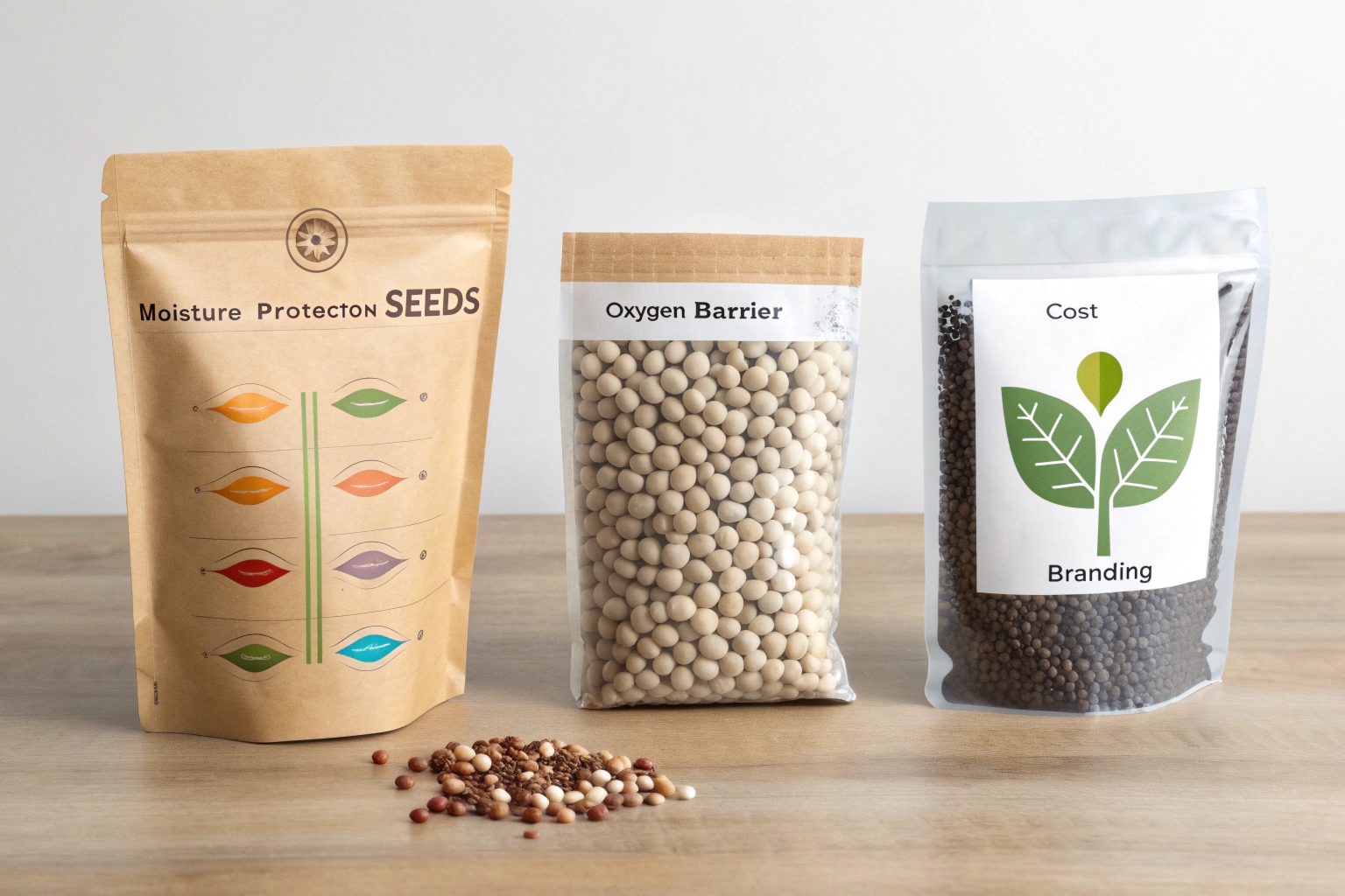 Three seed packaging pouches showcasing moisture protection, oxygen barrier, and branding benefits.