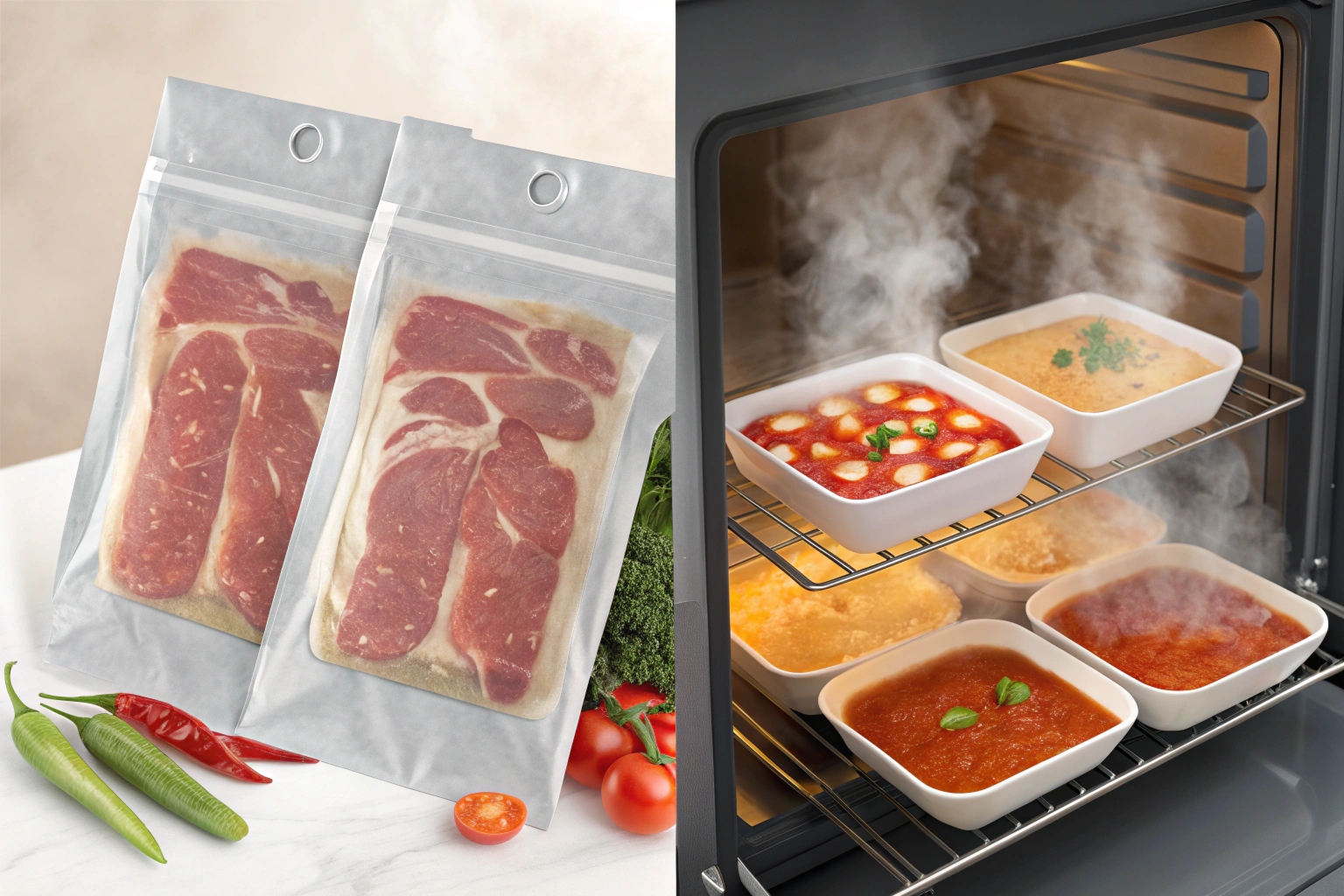 Vacuum-packed raw meat in high-barrier pouches and steaming ready meals in oven trays, showing packaging from raw to cooked.