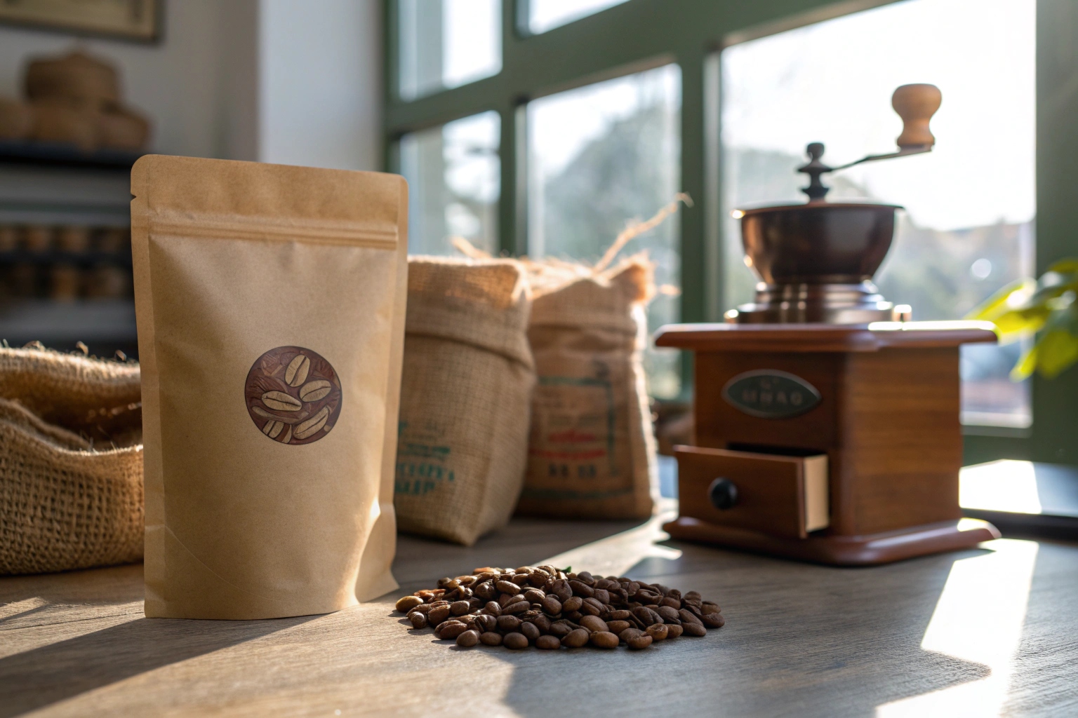 Kraft coffee pouch with printed bean logo beside coffee beans, grinder, and burlap sacks.