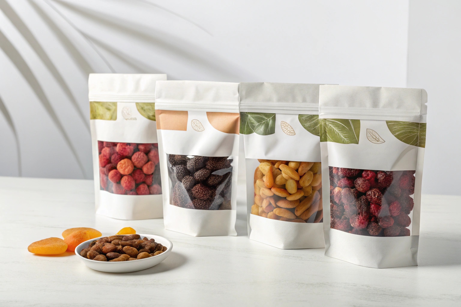 Four white stand-up pouches with leaf design, filled with dried fruits and nuts, displayed on a white table.