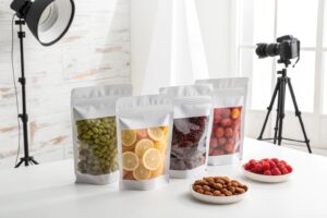 Matte stand-up pouches with clear windows showcasing dried fruits, nuts, and lemon slices in a professional studio setup.