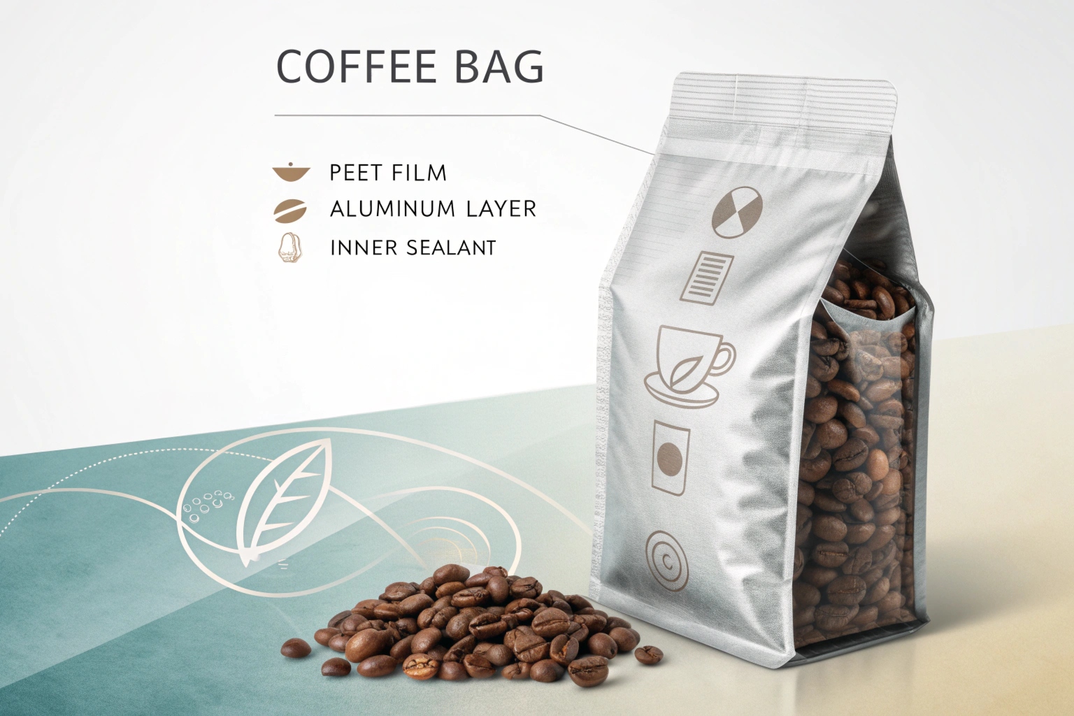 Coffee bag structure with labeled layers including PEET film, aluminum, and inner sealant.