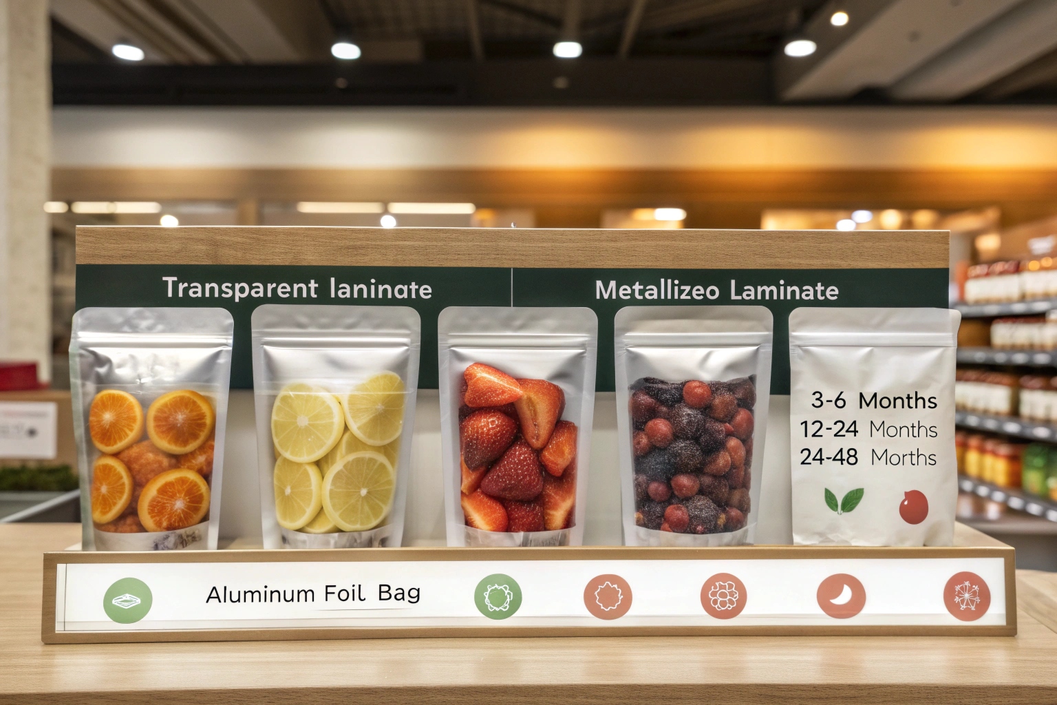Display of aluminum foil bags with transparent and metallized laminate options, showing different fruits and labeled shelf life durations.