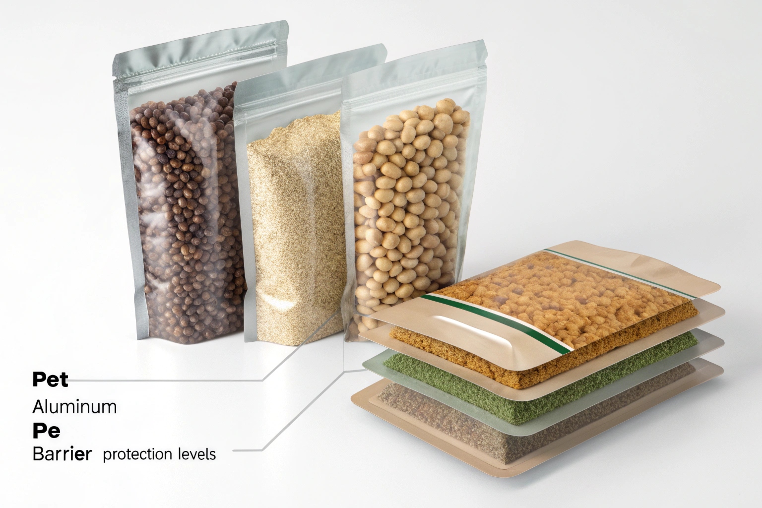 Clear stand-up pouches with different granules and a layered packaging diagram showing PET, PE, and aluminum barrier materials.