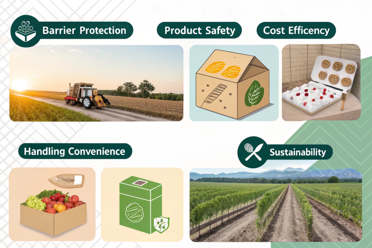 Infographic showing key packaging benefits including barrier protection, product safety, cost efficiency, convenience, and sustainability.
