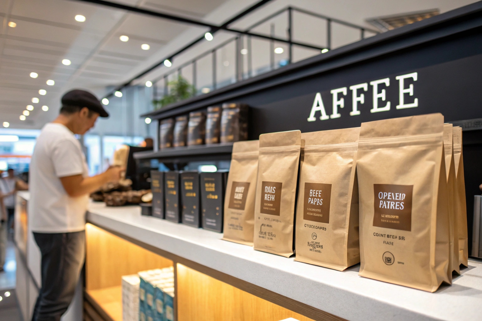 Brown kraft coffee bags displayed on counter with man browsing in coffee shop.