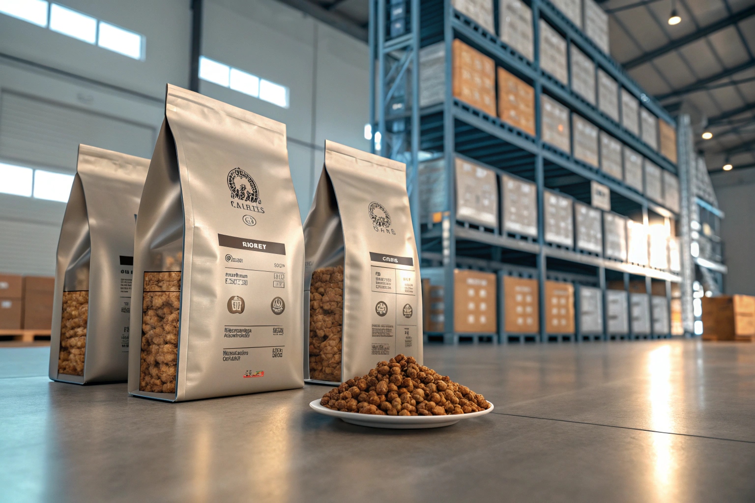 Silver pet food pouches with kibble displayed on plate, set in organized warehouse environment.