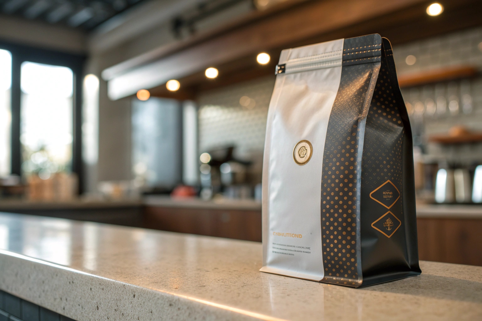 Stylish coffee packaging pouch on countertop in modern café interior.