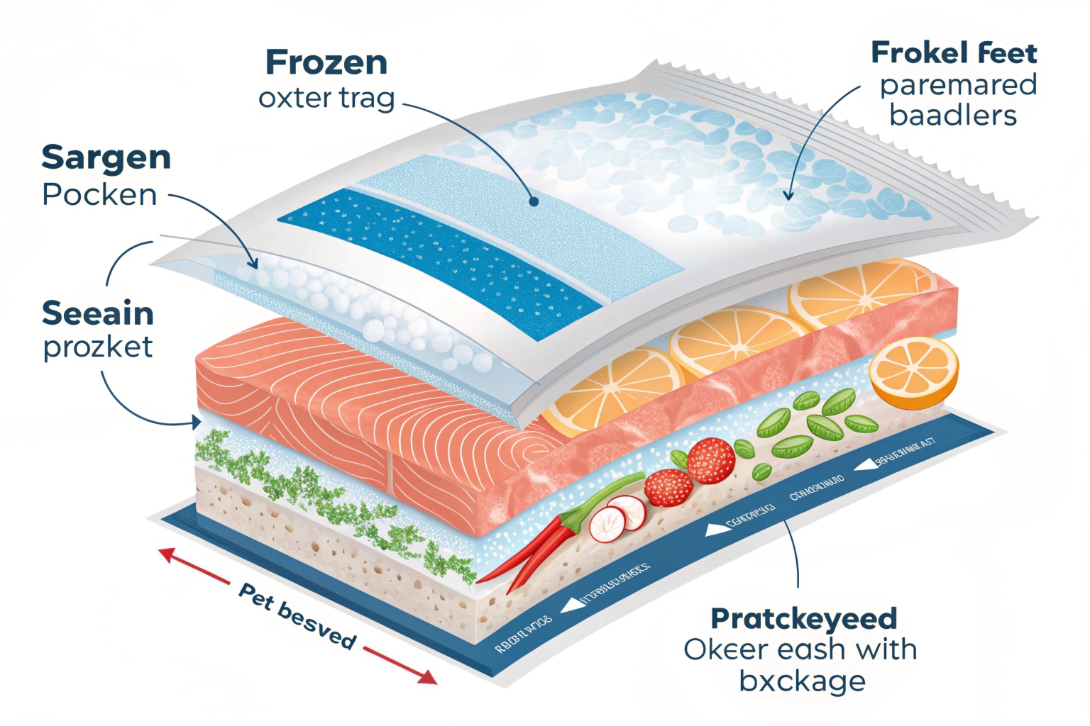 Exploded view of frozen seafood packaging layers with labeled components and ingredients.